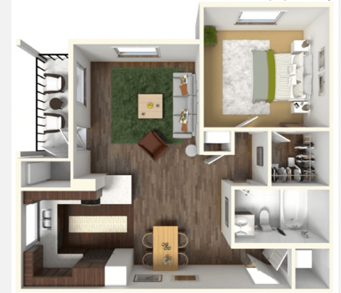 Floor plan for 1 bed, 1 bath, 648 sqft
